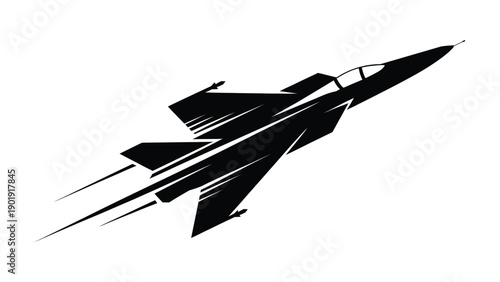  Stylized black jet aircraft silhouette angled upward with sharp geometric lines, twin stabilizers, and motion trails, dynamic aviation graphic for aerospace, military, speed, and flight design