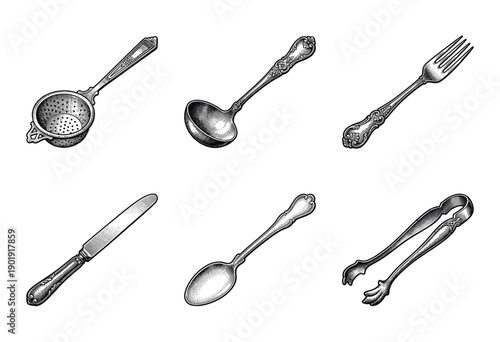 Vintage silverware collection in monochrome woodcut style featuring ladle tea strainer fork knife spoon and sugar tongs set