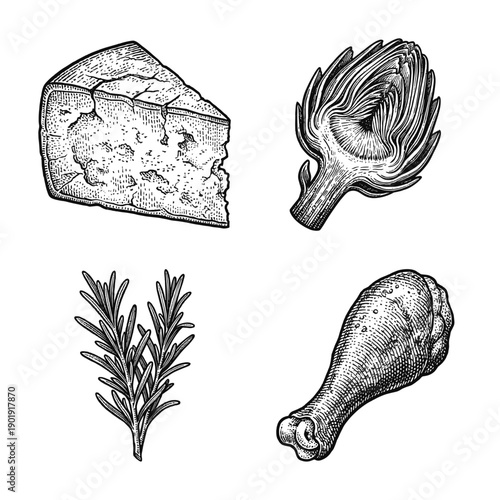 Set of hand drawn culinary ingredients including cheese wedge artichoke rosemary sprigs and roasted chicken leg in vintage woodcut style.