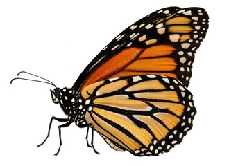 Elegant orange monarch butterfly side profile with cream underwings, black borders and white spots, detailed nature insect illustration isolated on white background

