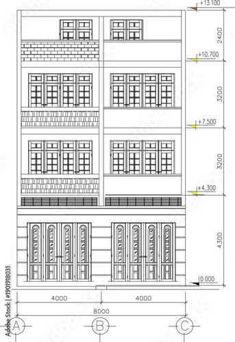 Vector sketch illustration of technical drawing of construction design section view of simple house facade with scale size