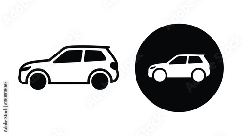 Stylized compact SUV car icons in black and white, modern vehicle silhouette design with circular background contrast, automotive transportation symbol for branding, signage, and user interface graph 