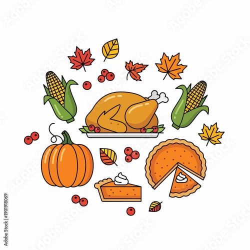 A colorful Thanksgiving still life with food and fall leaves