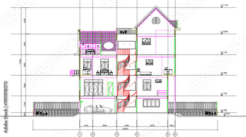 Vector sketch illustration of technical drawing of construction design section view of simple house facade with scale size