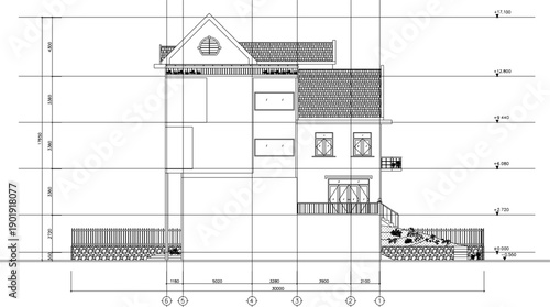 Vector sketch illustration of technical drawing of construction design section view of simple house facade with scale size