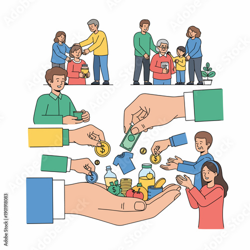 A colorful illustration of people helping each other with food and money