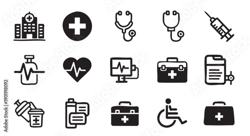 Collection of medical and travel related flat design icons isolated