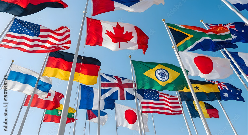 Obraz premium International flags collection waving in bright blue sky global unity diversity celebration