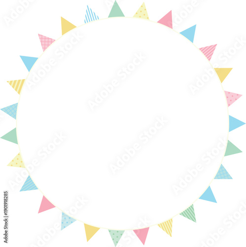 パステルカラーのカラフルな色んな柄が混じったガーランドが沢山並んだ円形フレーム