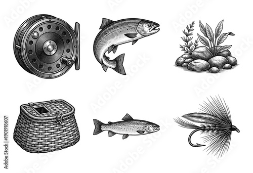 Fly fishing equipment and trout collection in vintage woodcut engraving style featuring reel creel and lures