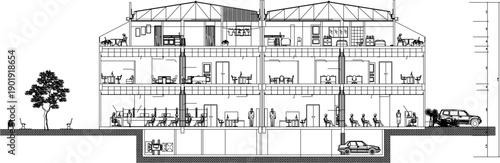 vector sketch illustration silhouette image of contemporary art center building construction design modern minimalist form 