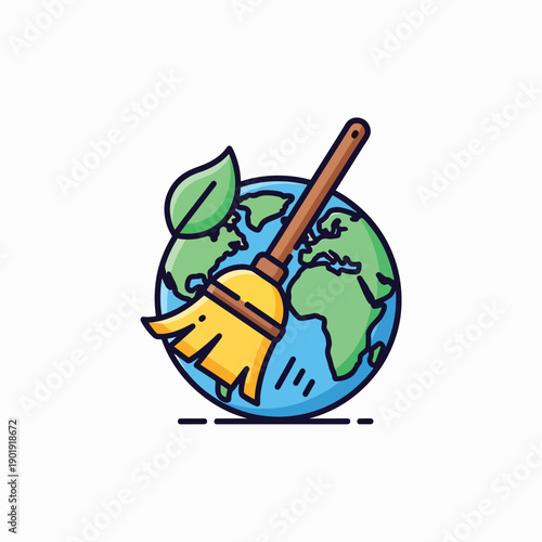 Broom Sweeping Earth with Green Leaf.