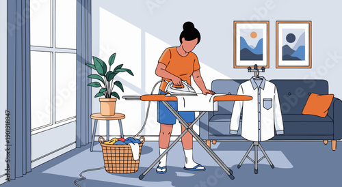 Vector illustration of a woman ironing clothes on an ironing board in a well-lit room, domestic chores