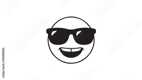 Smiling face with sunglasses in minimalist style with black and white color scheme on plain white background for emoticon icon