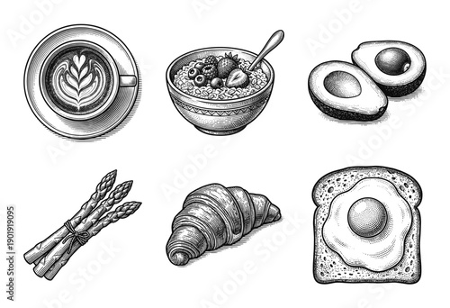 Breakfast and brunch food collection featuring hand drawn vintage woodcut style illustrations of coffee oatmeal avocado asparagus croissant and egg on toast