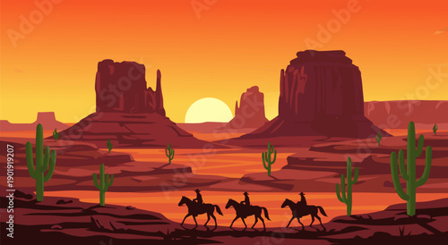 Western Desert Landscape with Cowboys Riding Horses at Sunset, Vector Illustration