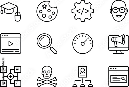 Education and e-learning line icons set featuring graduation cap, online course, coding, creativity, analytics and digital learning symbols