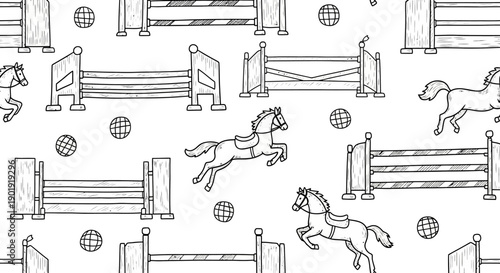 Horses Jumping Over Fences in a Playful Arena Setting, Illustration Style