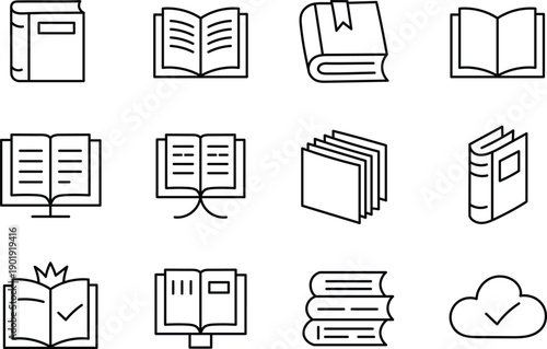 Minimal line book icons set featuring open and closed books, stacks, textbooks and reading symbols for education, library and learning design projects