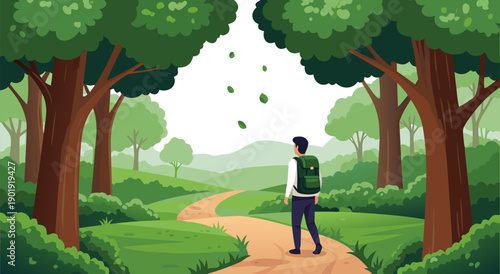 Beautiful Vector Illustration of a Man Hiking on a Forest Trail Amidst Lush Greenery and Falling Leaves