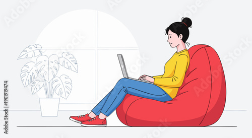 Cozy Home Office Vector Illustration of a Woman Working on a Laptop in a Beanbag Chair