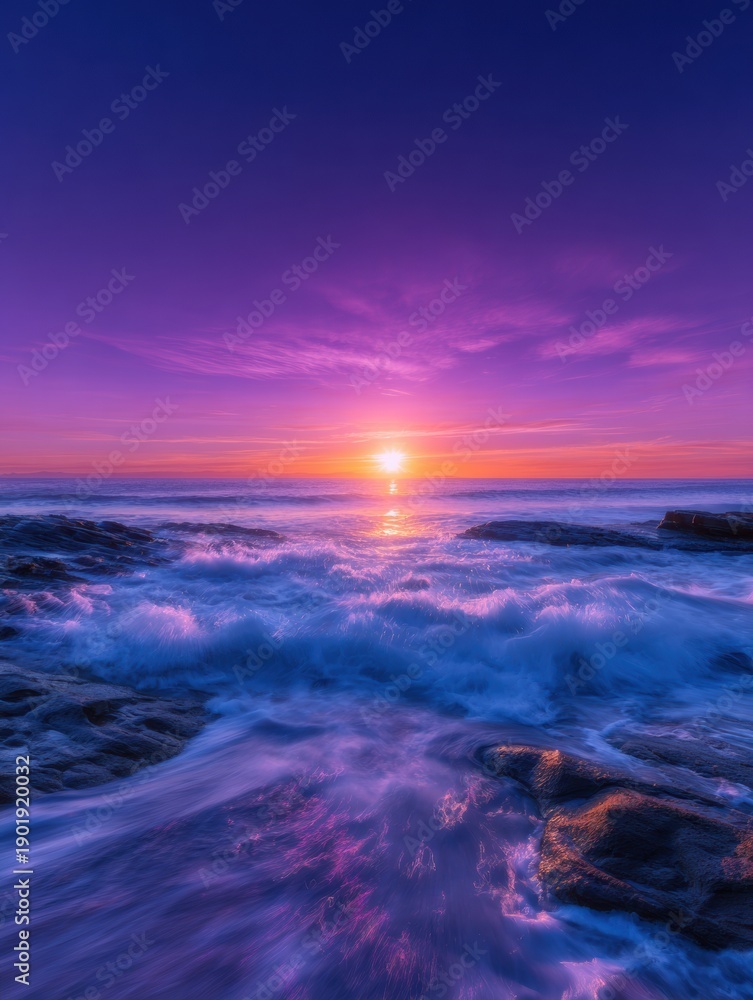 Fototapeta premium Sunrise over the sea and rocky beach with vibrant violet sky, ocean waves crashing on coast as a serene nature background for meditation and wellness media
