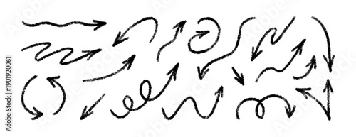 Crayon brush arrow signs. Doodle chalk direction line. Hand drawn grunge arrows with pencil texture. Sketch crayon drawing design elements set. Vector illustration isolated on white background.