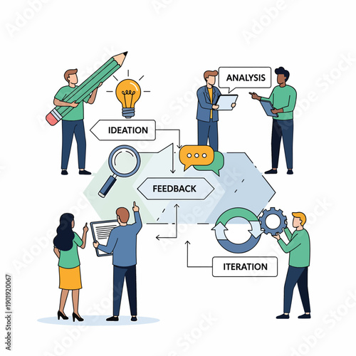 A diverse group of people engaging in creative process stages