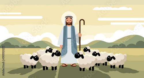 Religious shepherd figure with a halo and staff stands with his flock of sheep in a pastoral landscape, depicted in a flat vector illustration style with muted colors
