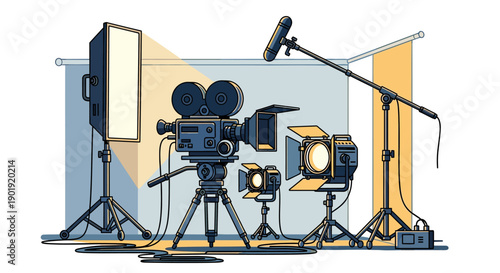 Professional film production equipment set with a vintage camera on a tripod, studio lights, and a boom microphone in a graphic illustration style, isolated on a white background