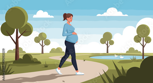 Pregnant woman in blue activewear walking along a path in a serene park, gently holding her belly while enjoying a peaceful day outdoors