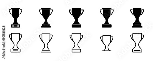 Trophy cup icons in solid and outline styles, showcasing award symbols for victory, achievement, and success in competitions and sporting events, ideal for recognition and celebration