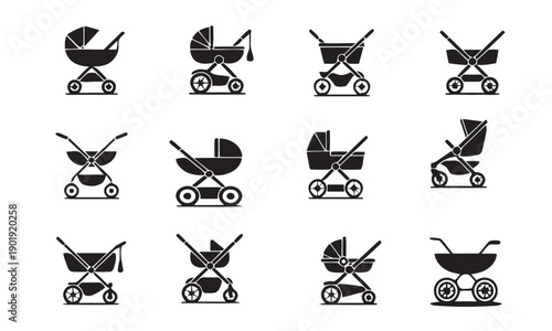 Twelve black stroller icons, baby carriages, and prams, various designs for infant transport, modern and classic baby gear