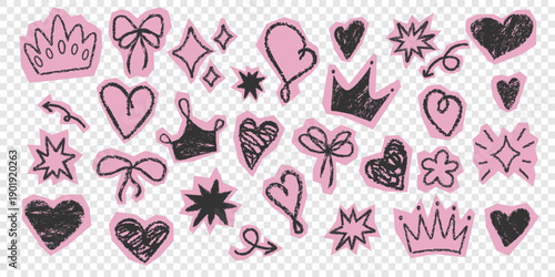 Pink doodle sticker set with crowns, hearts, bows, stars. Girly sketch icons stickers pack. Rough pencil texture. Great for scrapbook, social media, diary planner design