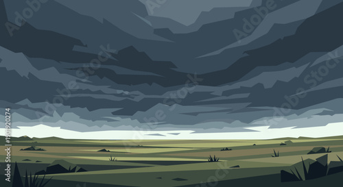 Dramatic stormy sky with dark ominous clouds looming over a vast, empty green field in a minimalist, geometric vector art style, creating a moody and atmospheric scene