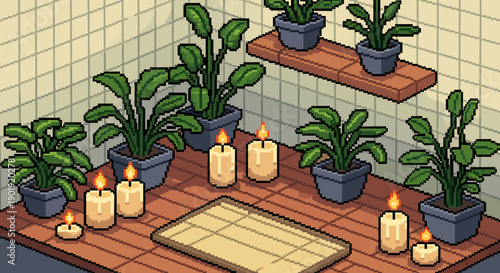 Isometric pixel art scene with green houseplants and burning candles creating a cozy, relaxing atmosphere in a tiled room with a wooden floor and a small meditation mat