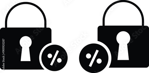 Two black padlock icons with percentage symbols, symbolizing security, discounts, special offers, confidential rates, and protected financial deals.