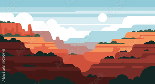 Flat vector illustration of a canyon landscape with layered red rock formations, green bushes, and a bright sun in a blue sky with white clouds