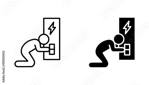 Two stick figure icons showing person interacting with electrical panel or fuse box, one with outline and one solid black, danger of shock