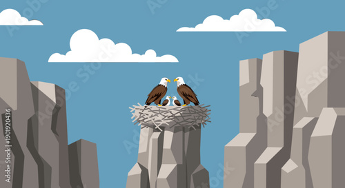 Two adult bald eagles with two chicks in their nest on a high rocky cliff, a beautiful illustration of family, love, and wildlife in a minimalist flat vector style