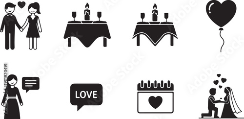 Set of wedding and marriage related icons in black and white