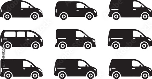 Van icons set, displaying various cargo and passenger vans in different designs, useful for logistics, transportation, delivery services, and commercial vehicle concepts