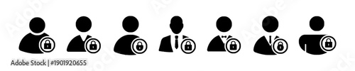 User profile icons with lock symbol set, representing account security, privacy, login, access control, user authentication and personal data protection, digital security concept