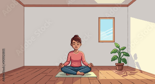 Pixel art woman meditating peacefully in the lotus position on a mat in a sunlit room, practicing mindfulness and relaxation in a retro 8-bit video game style