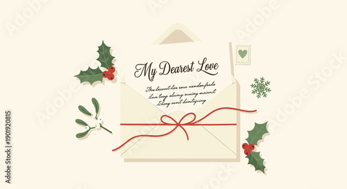 Romantic Christmas love letter in an envelope is beautifully decorated with festive holly, mistletoe, a snowflake, and tied with a delicate red ribbon on a cream background