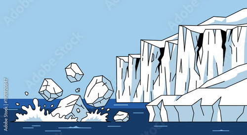 Large arctic glacier calving with icebergs breaking off and falling into the cold ocean, creating a large splash in a minimalist vector illustration style