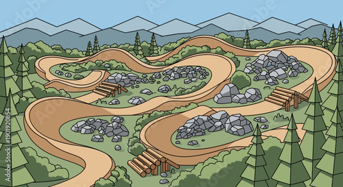 Winding mountain bike park trail with dirt jumps, rock gardens, and wooden bridges winds through a lush green forest with mountains in the background