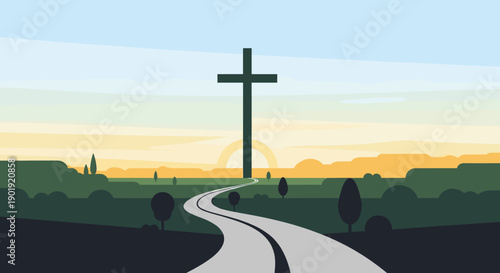 Large dark Christian cross silhouette stands on the horizon at the end of a winding road leading through a green landscape during a beautiful sunrise