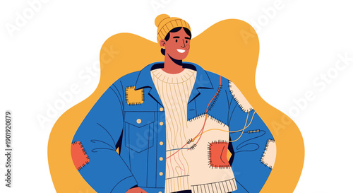 Stylish young person wearing a patched blue jacket and mended sweater represents sustainable fashion and upcycling in a modern flat vector illustration