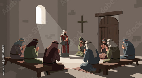 Biblical figures gathered for communal prayer inside a humble, ancient room with a wooden cross, illuminated by a single ray of light from an arched window